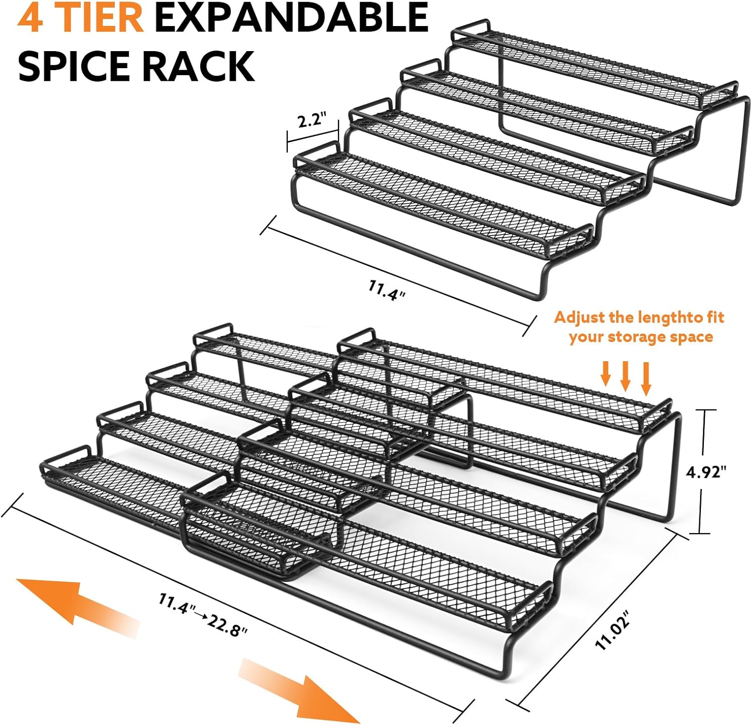 2 Pack Spice Rack Organizer for Cabinet, 4 Tier Expandable Seasoning Organizer Shelf, Spice Holder with Protection Railing, Metal, Black